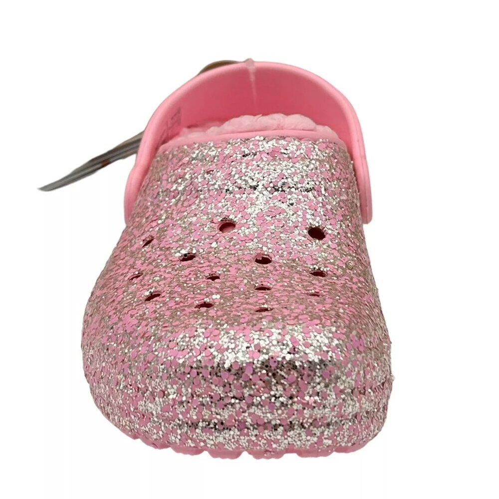 Crocs Youth Girls Slip-on Lined Clogs Sz 3 (J3) Pink Glitter Faux Fur Fuzzy Warm - Picture 5 of 14